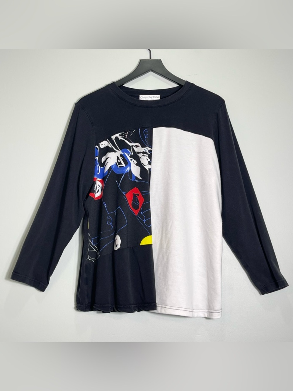 CHRISTOPHER CALVIN Womens Black Top Colorblock Abstract Design 3/4 Sleeve Sz. XL